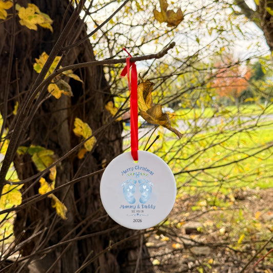 Personalised Baby Announcement Bauble Feet Blue