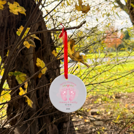 Personalised Baby Announcement Bauble Feet Pink